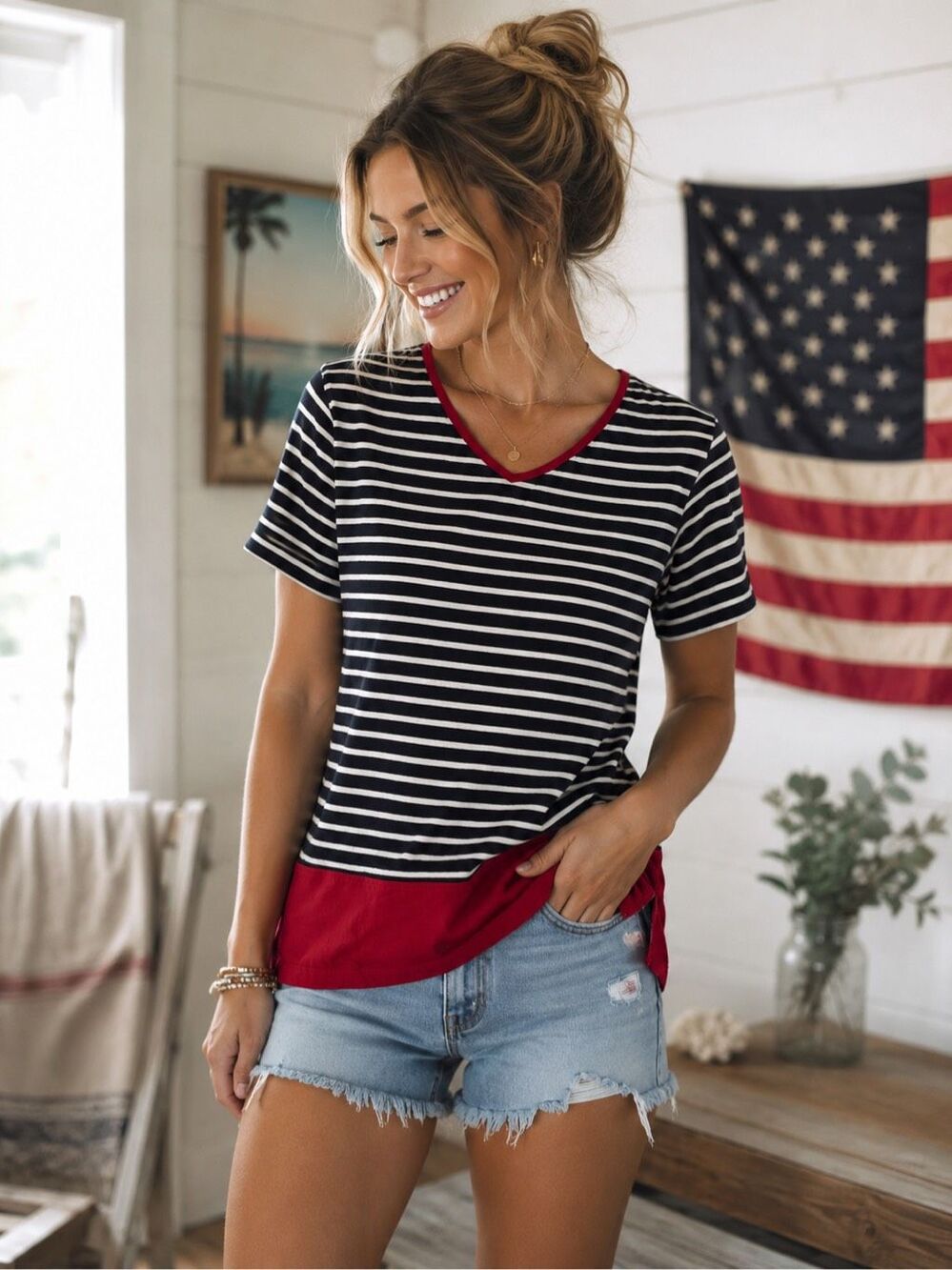 Crazy Horse x Liz Claiborne Red White & Blue Striped Tee Size XL